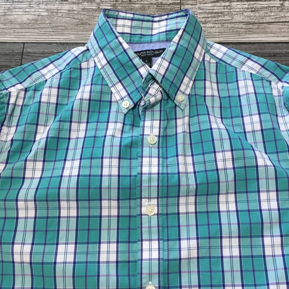 Banana Republic Soft Wash Plaid Button Shirt Men’s S Teal White 100% Cotton - Picture 7 of 9